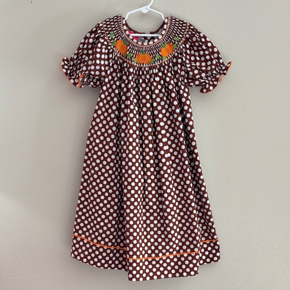 Claire & Charlie Polka Dot Kids Dress with Smocking  And Pumpkin Accents Size 6X